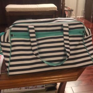 Thirty One mint and navy nautical weekender bag